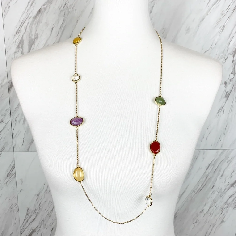 Loft Multicolor Glass Stone Necklace Gold‎ Chain Long Layering Preppy Polished